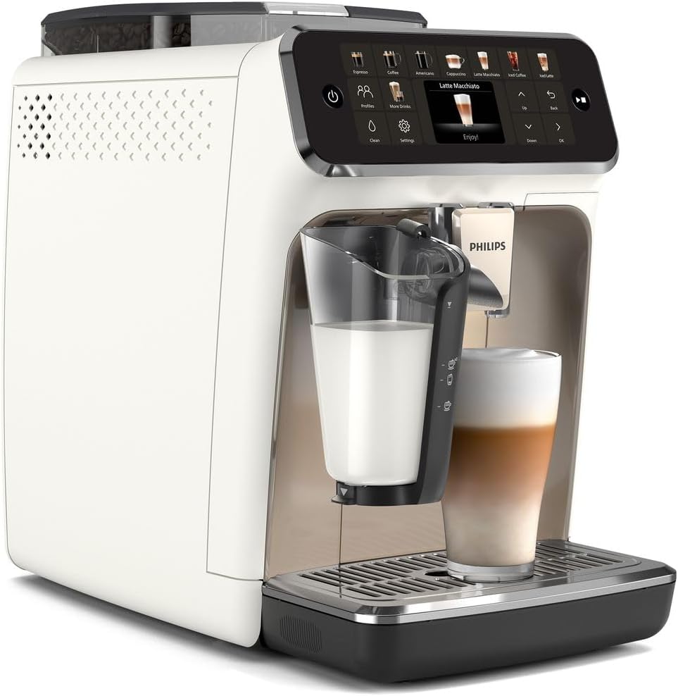 Cafetera superautomática Philips Serie 5500 – 20 bebidas, moderna pantalla táctil a color, sistema de leche LatteGo, tecnología SilentBrew, molinillo 100% cerámica, QuickStart, depósito de agua de 1,8 l, cromo blanco (EP5543/90)