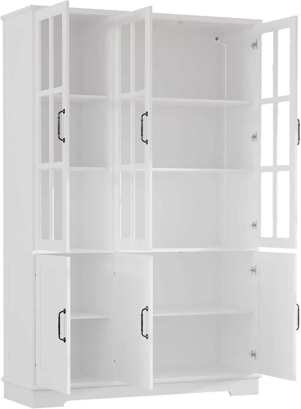 LUXOAK Vitrina con iluminación LED y tiradores retro, armario alto blanco de 180 cm, 6 puertas con ventanas acrílicas y 8 estantes, armario moderno para salón y cocina