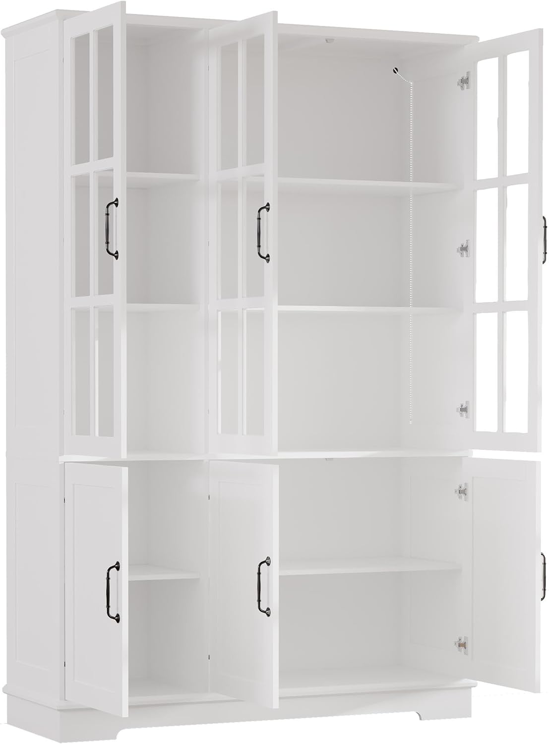 LUXOAK Vitrina con iluminación LED y tiradores retro, armario alto blanco de 180 cm, 6 puertas con ventanas acrílicas y 8 estantes, armario moderno para salón y cocina