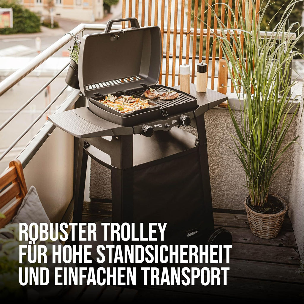 EndersGasgrill Urban II Pro, parrilla de mesa, función de asado, cocción y horneado, 2 quemadores de acero inoxidable, con termómetro para parrilla, parrilla para balcón y camping, carcasa de aluminio fundido, rejilla de hierro fundido, #2062
