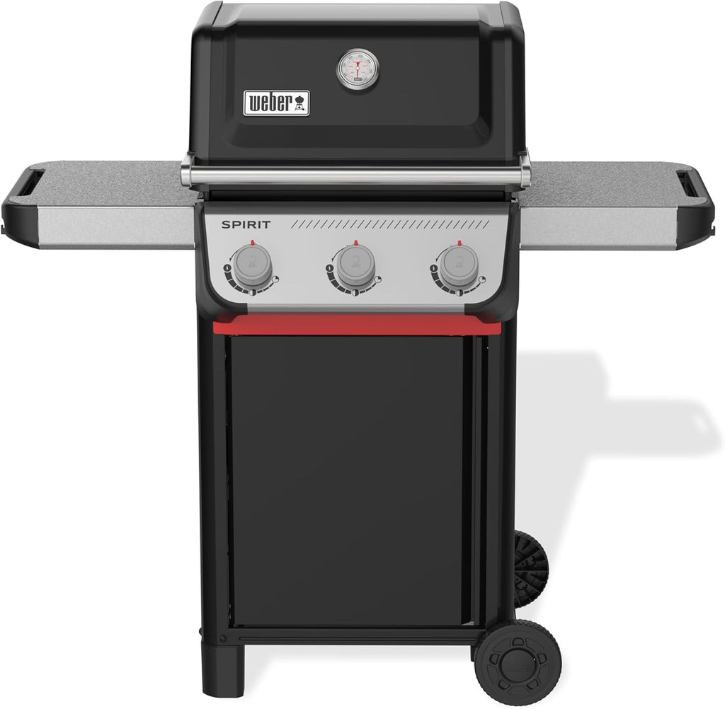 Barbacoa de gas Weber Spirit E-310 / 3 quemadores, encendido Snap-Jet, ruedas resistentes y rejilla de calentamiento, superficie de cocción de 51 x 46 cm, compatible con las mesas laterales Weber Works, negro/plateado