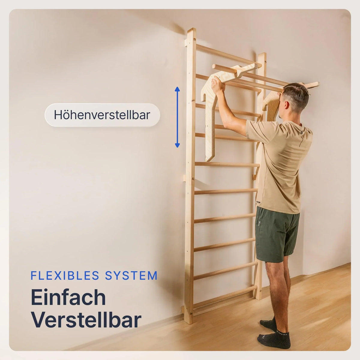 Espaldera de pared con barra de dominadas y extensión para fondos de 220 cm, fabricada en madera de haya y pino, hasta 150 kg