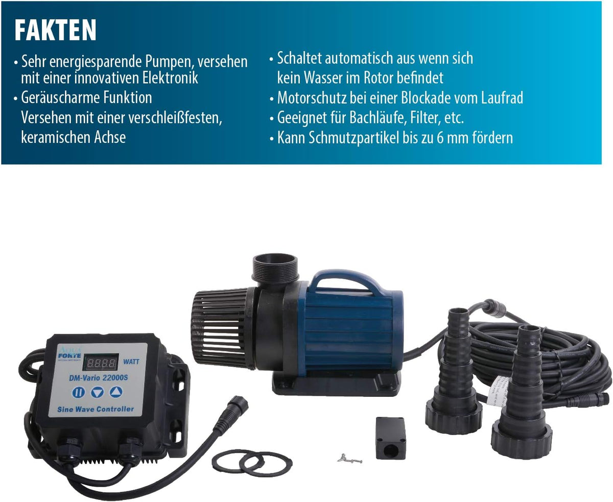 Bomba para filtro/estanque AquaForte DM-22.000 Vario S, 70-200W, altura de elevación 7,5m, regulable con controlador externo. Ideal como bomba para estanques o para arroyos/cascadas.