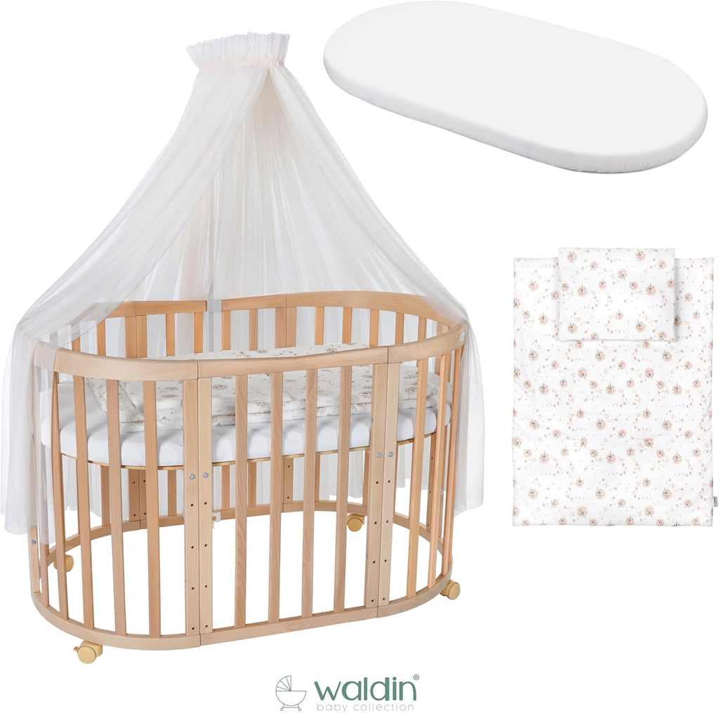 Cuna ovalada evolutiva Waldin, set completo 7 en 1, cuna de barrotes, cama infantil con colchón, cambiador, cuna colecho, madera blanca