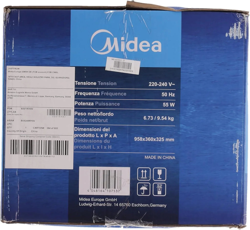 Enfriador de aire Midea con refrigeración por agua, aire acondicionado portátil, ventilador con depósito de 5 L, humidificador e ionizador, aire acondicionado sin tubo de escape, 355 m³/h, ventilador con mando a distancia, 55 W, blanco