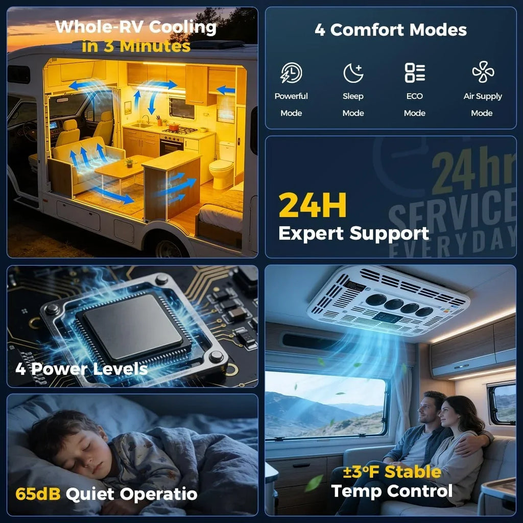 Aire acondicionado de techo 12V 6000BTU 1,8kW, múltiples modos, protección de baja presión para autocaravana, caravana, camión, camper, excavadora
