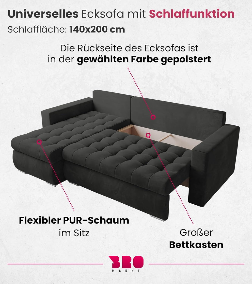 Sofá cama esquinero en forma de L BROMARKT, sofá cama con arcón, mueble de salón LUIS, sofá de 3 plazas con espacio de almacenamiento, 238x150x72 gris claro