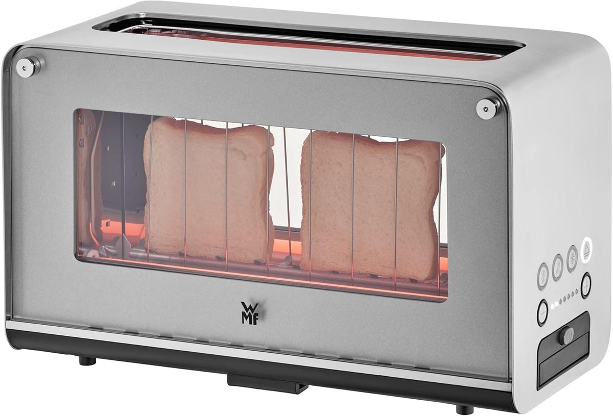 Tostadora de cristal WMF Lono con accesorio para panecillos, 2 rebanadas, XXL, elevación motorizada y hervidor de agua 2 en 1 Vario Lono, con ajuste de temperatura, 1,4-1,7 l, 3000 W, hervidor de té de cristal con infusor
