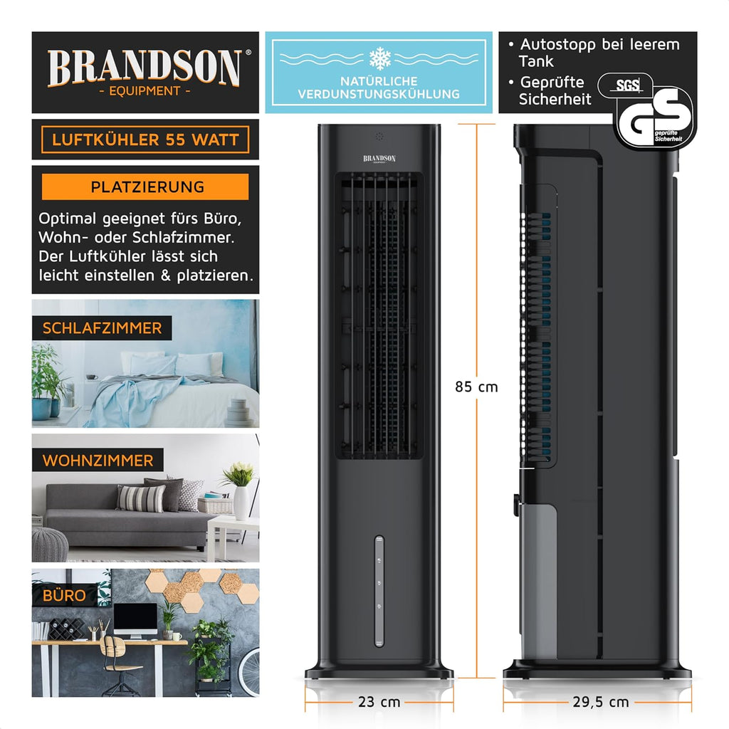 Brandson - Enfriador de aire por agua 5 en 1 - Enfriador evaporativo, humidificador, ventilador y purificador de aire, aire acondicionado portátil sin tubo de escape - Galardonado 2025 - silencioso - depósito de agua de 5 L