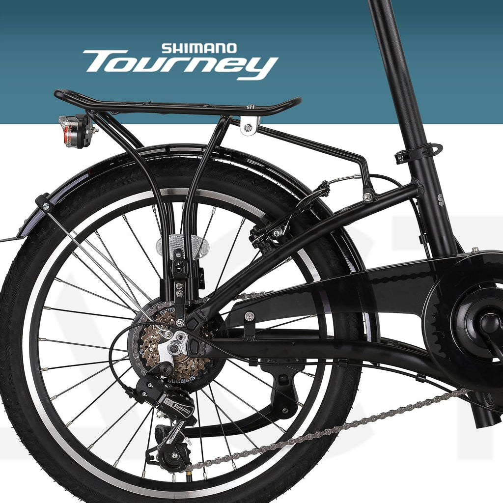 Bicicleta plegable premium PACTO para adultos - Cuadro de aluminio de 27 cm, ruedas de aluminio de 20 pulgadas, 6 velocidades Shimano