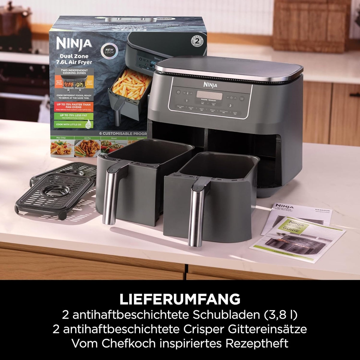 Freidora de aire digital de doble zona Ninja, 2 cajones, 6 en 1, freidora de aire sin aceite, 7,6 L, freír con aire, Max Crisp, asar, hornear, recalentar, cestas aptas para lavavajillas, gris metálico DZ300EU