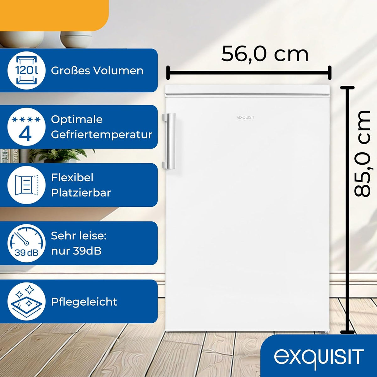 Frigorífico con congelador Exquisit, 120 litros, congelador de 4 estrellas, frigorífico de libre instalación, KS516-4-H-010D blanco