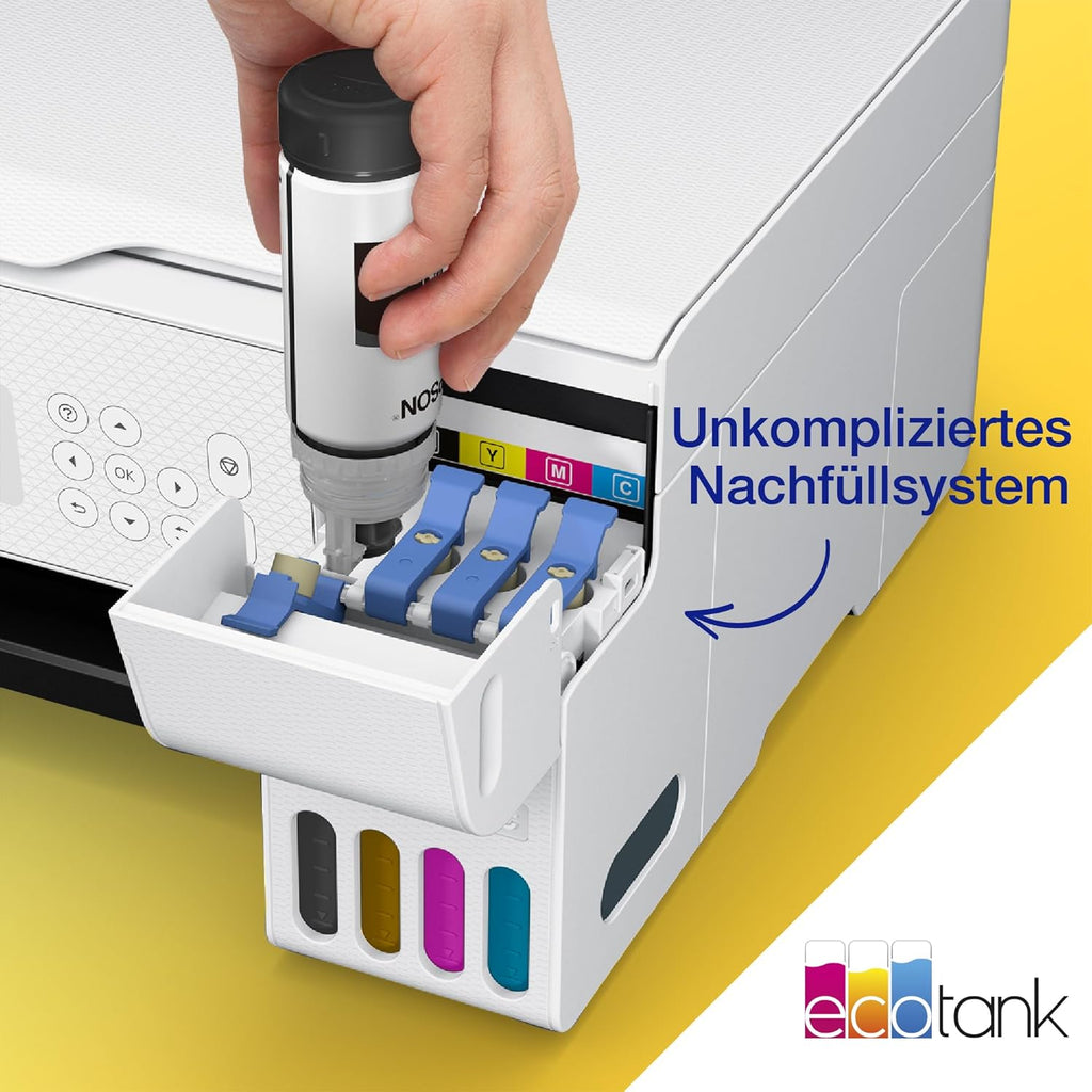 Impresora de depósitos de tinta EcoTank ET-2876 para hogares ajetreados, Wi-Fi, impresión, copia y escaneado en A4, pantalla LCD de 3,7 cm, incluye tinta para hasta 3 años