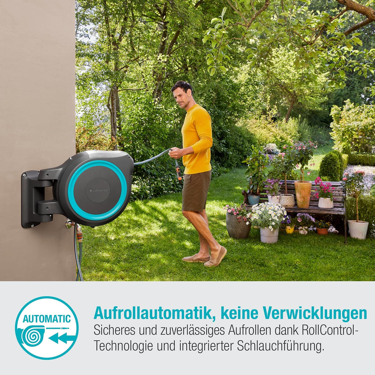 Caja portamanguera de pared Gardena RollUp XL (turquesa) 35 m: riego flexible para jardines grandes, caja portamanguera orientable, incluye manguera de calidad Gardena de 35 m y accesorios de montaje (18630-20)