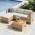 MFSTUDIO Juego de muebles de jardín de ratán de 3 piezas con cojines beige para 4 personas, pequeño sofá de exterior en forma de L con mesa de madera, conjunto de salón de jardín para terraza, balcón