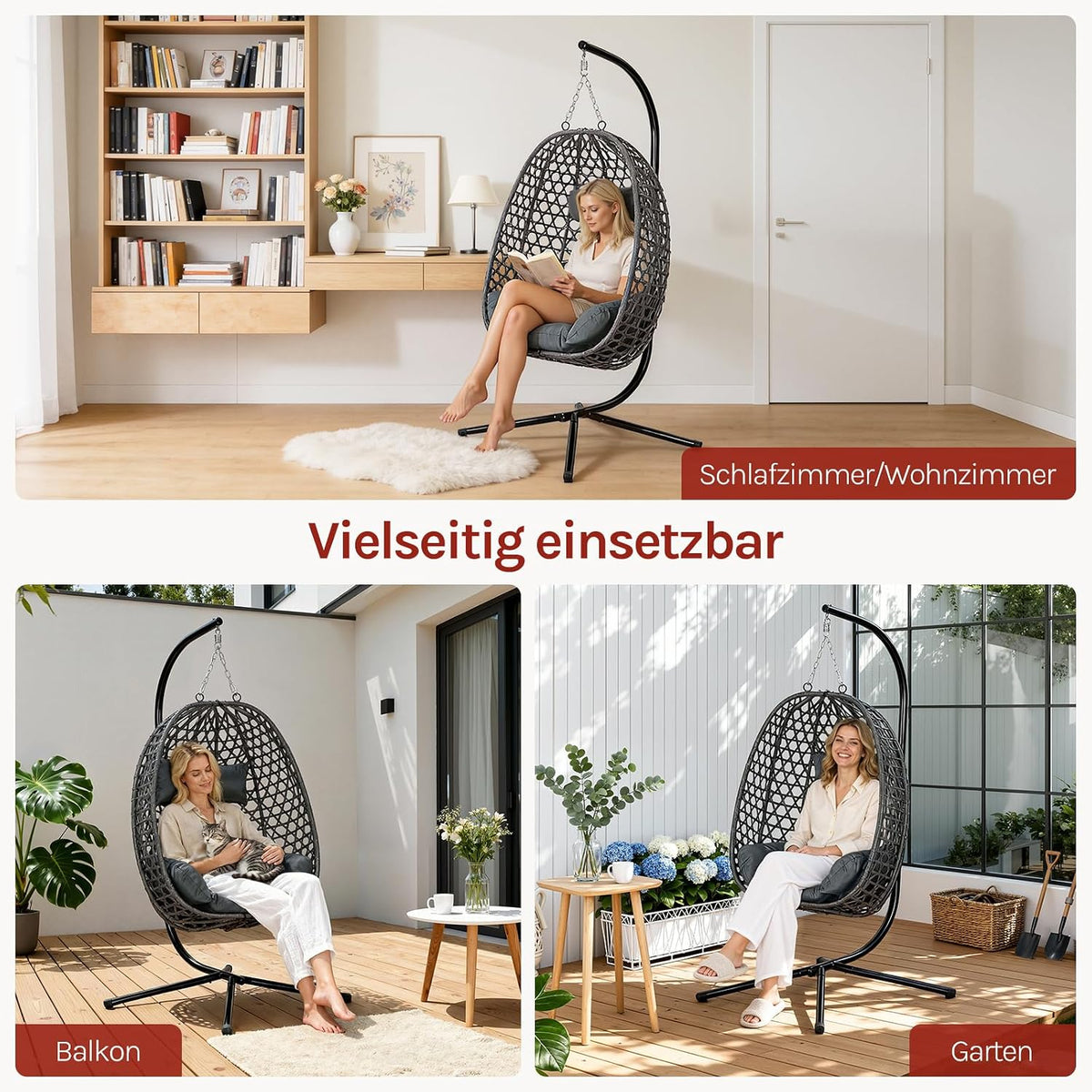Silla colgante WOLTU con soporte, carga hasta 150 kg, silla colgante de ratán PE, con cojín de asiento y reposacabezas, para interior y exterior, gris