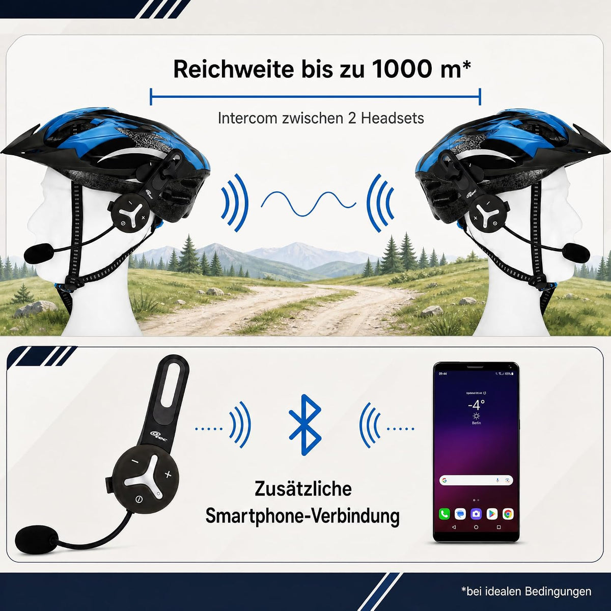 @tec BuddyChat Duo, Intercom para auriculares, set de 2, sistema de intercomunicación Bluetooth 3.0, alcance de hasta 1 km, cancelación de ruido DSP, resistente al agua y al polvo