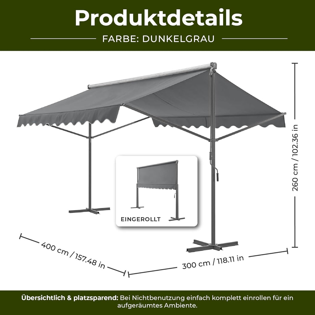 pro.tec Toldo independiente Selenizza toldo autoportante 400x300x260cm toldo de jardín protección solar cubierta de terraza exterior terraza jardín balcón gris oscuro