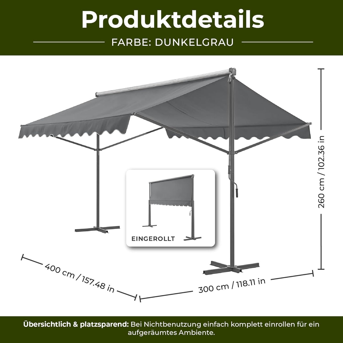 pro.tec Toldo independiente Selenizza toldo autoportante 400x300x260cm toldo de jardín protección solar cubierta de terraza exterior terraza jardín balcón gris oscuro