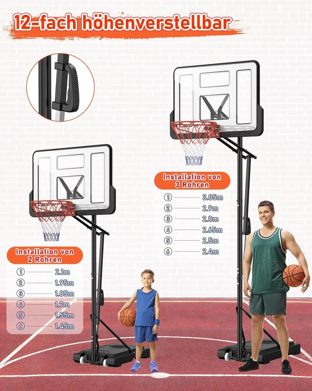 Canasta de baloncesto para exterior, ajustable en altura de 145 a 305 cm, tablero de 110x75 cm, con saco de lastre, soporte LM052