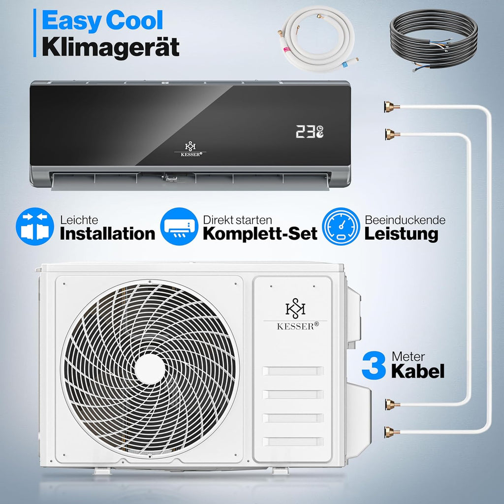 Set de aire acondicionado Split KESSER®, función WiFi/App, refrigeración A++/calefacción A+, 18000 BTU/h (5.300W) muy silencioso, refrigerante R32, mando a distancia, función de temporizador, material de montaje, antracita