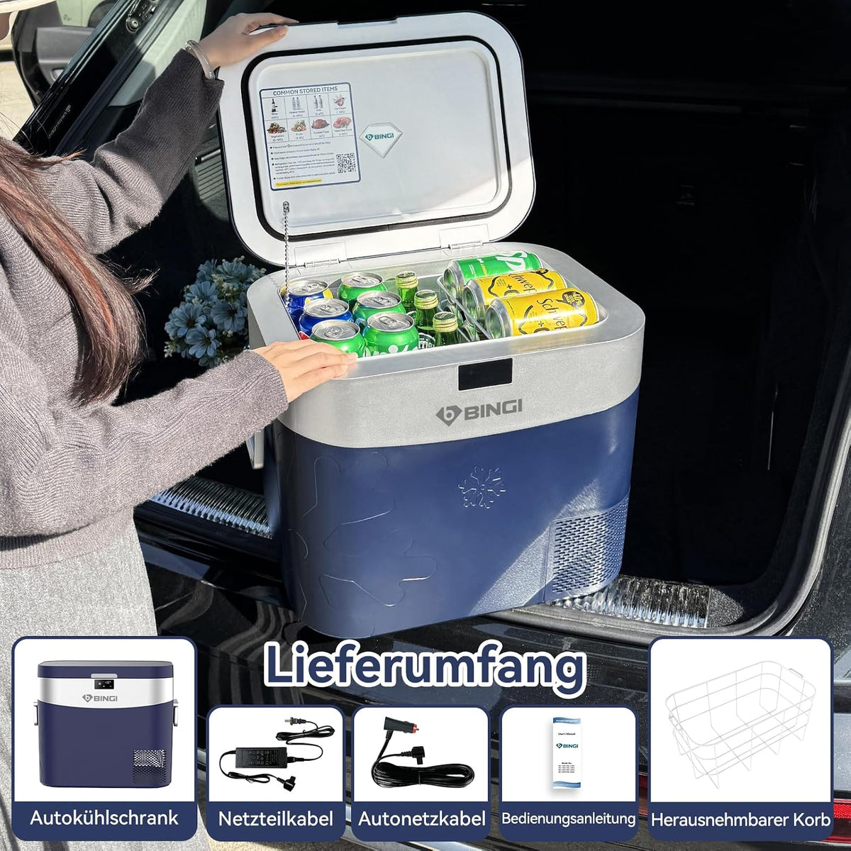 Nevera de compresor BINGI de 22L, mini refrigerador eléctrico portátil, congelador eléctrico de 12/24V CC, congelador portátil para coche, camión, picnic, camping y uso doméstico