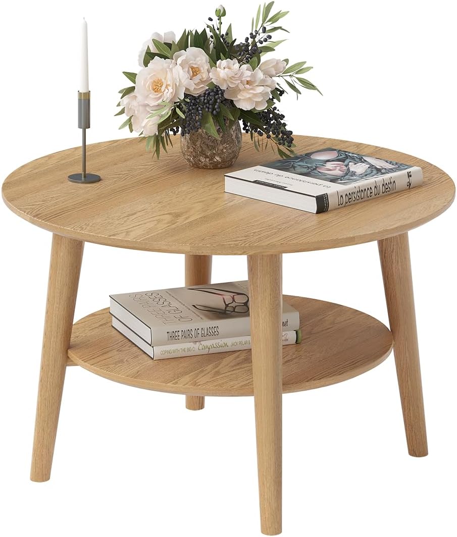 Mesa de centro redonda skølm Mjölnir Ø70 cm – Mesa de salón de madera maciza de roble – Mesa de sofá con 2 estantes – Mesa auxiliar pequeña con acabado de aceite natural – Mesa de madera para salón con espacio de almacenamiento – Coffee Table