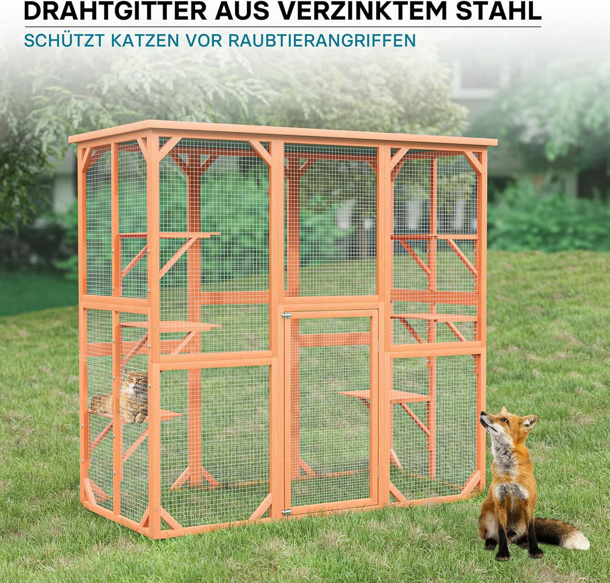 Recinto exterior para gatos Wiltec 168 x 82 x 166,5 cm con 6 superficies de descanso, recinto para gatos resistente a la intemperie para jardín, caseta para gatos con malla de alambre y techo de betún