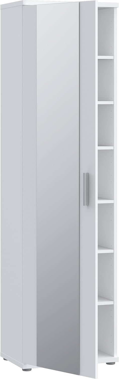 Zapatero Forte NET106 blanco 50, mueble de recibidor estrecho con 6 estantes y frente de espejo, pasillo, recibidor, madera, blanco, 50,2 cm de ancho x 179,1 cm de alto x 34,8 cm de profundidad