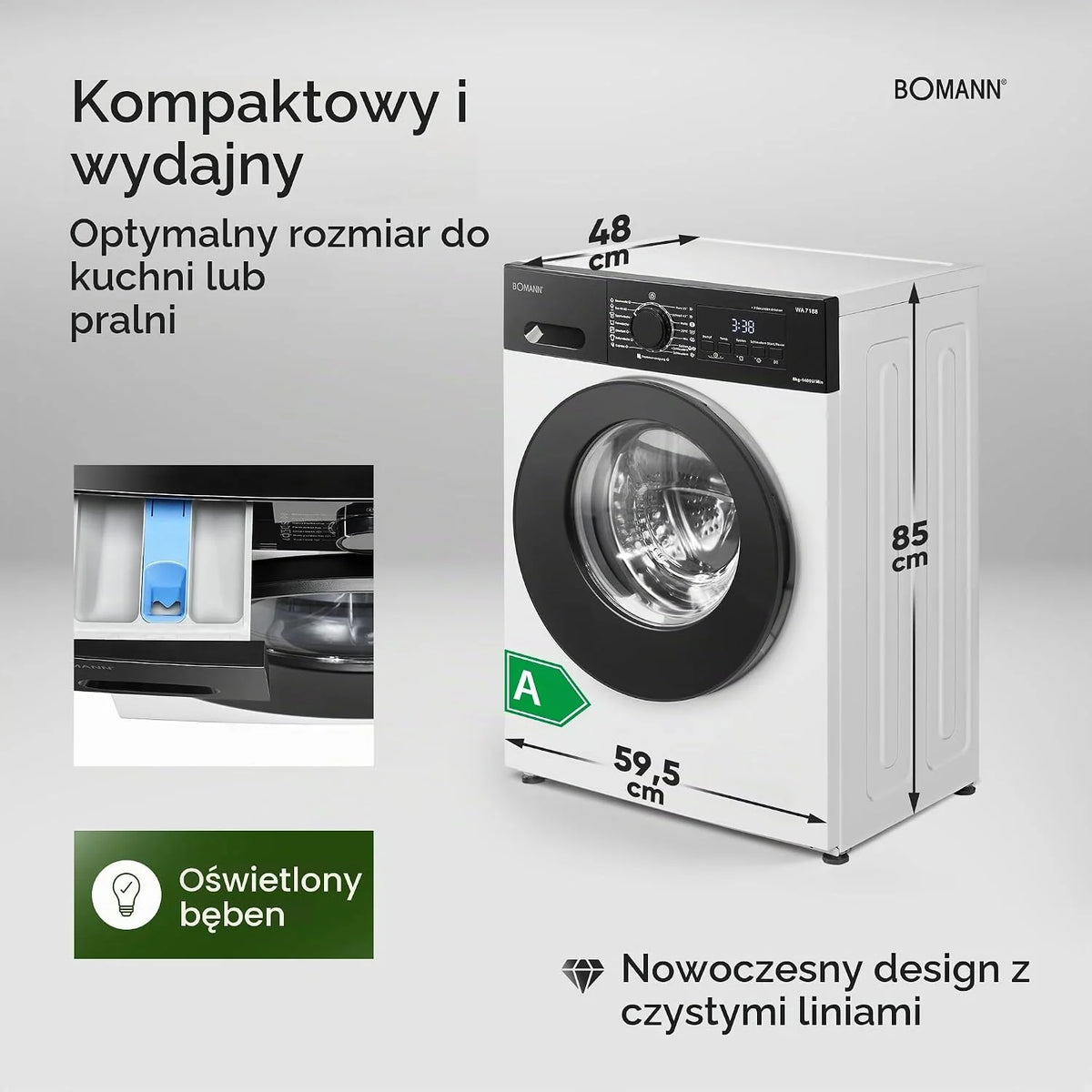 Bomann® WA 7188 pralka 8 kg | 5 lat silnika | wydajna, cicha i trwała | maks. 1400 obr./min | 15 programów | funkcja pary | wyświetlacz LED | Washing Machine | WA 7188 biało-czarna