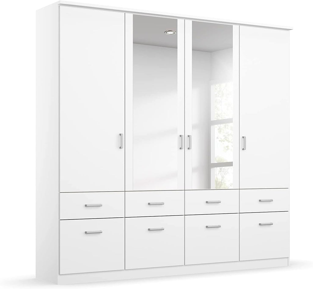 Armario de puertas batientes Rauch Möbel Bremen, armario ropero en blanco con 2 espejos y 8 cajones, 4 puertas, incluye paquete de accesorios Basic, 1 barra de armario, 4 estantes, ancho x alto x profundidad 181x199x58 cm