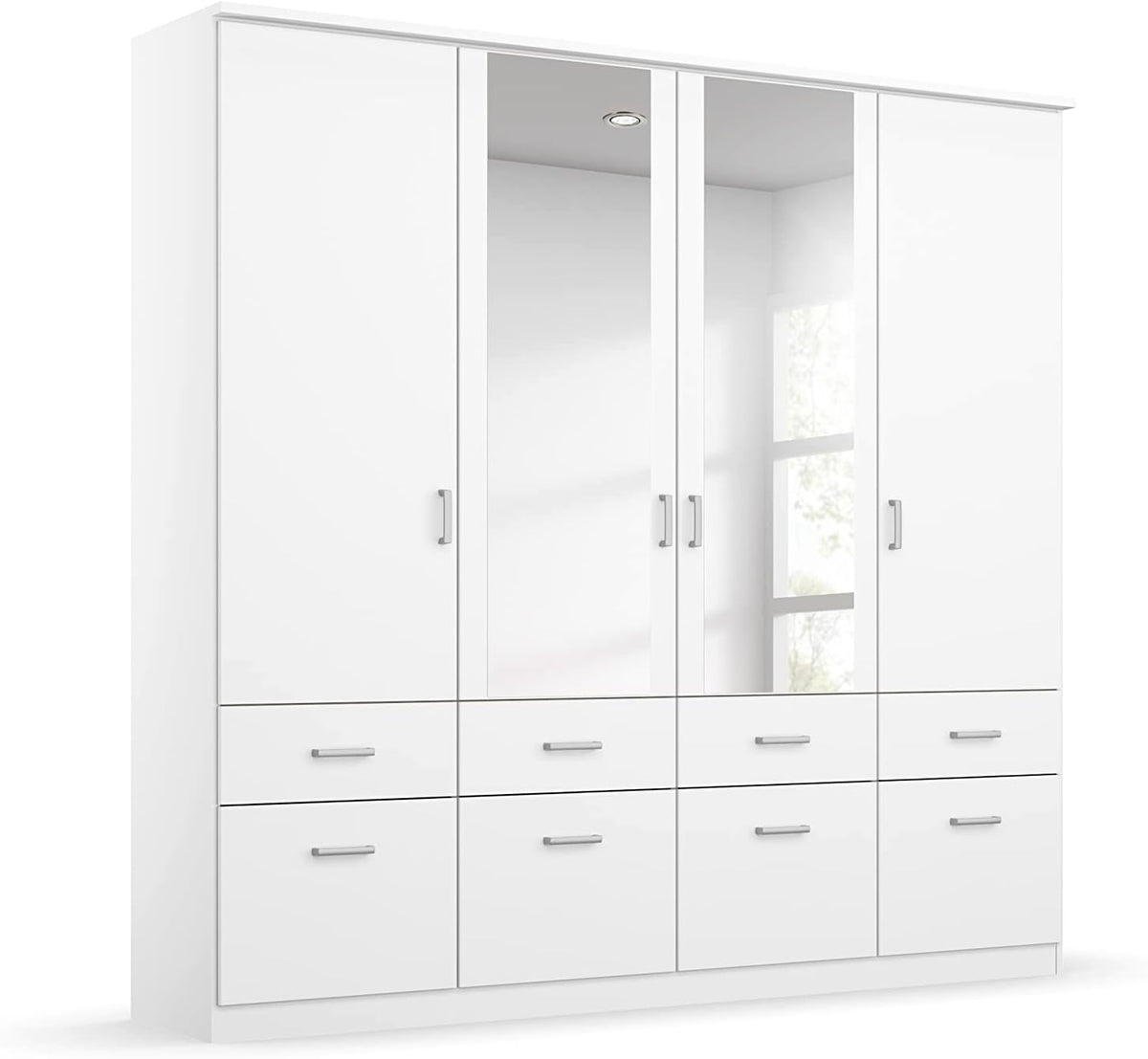 Armario de puertas batientes Rauch Möbel Bremen, armario ropero en blanco con 2 espejos y 8 cajones, 4 puertas, incluye paquete de accesorios Basic, 1 barra de armario, 4 estantes, ancho x alto x profundidad 181x199x58 cm