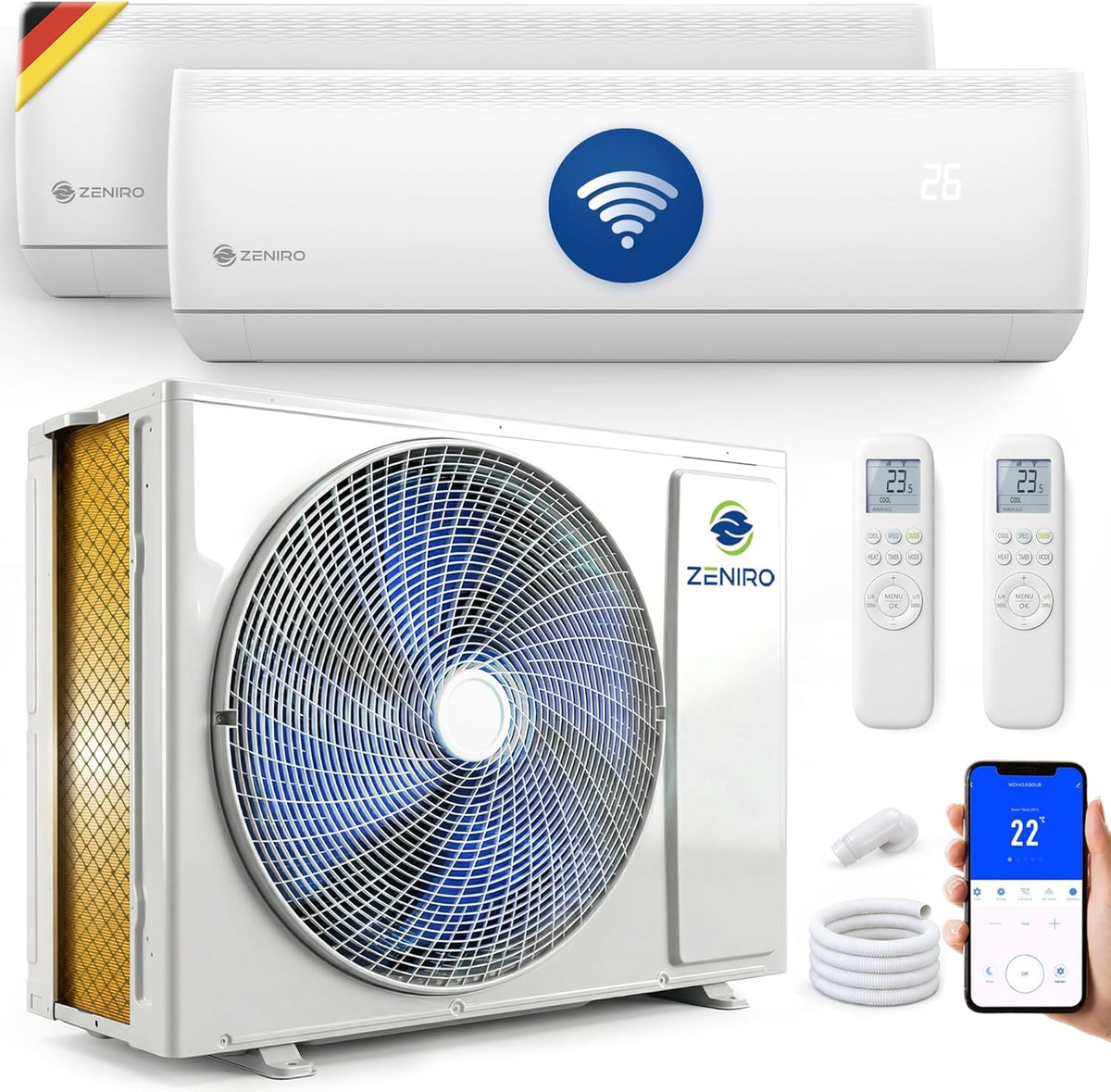 Set de aire acondicionado multisplit con 3 unidades interiores (2 x 2,6kW + 3,5kW), climatizador con función de calefacción, 27000 BTU, 7,9kW, A++, control por WiFi/App, flujo de aire 4D, calefacción hasta -20°C, precargado con R32