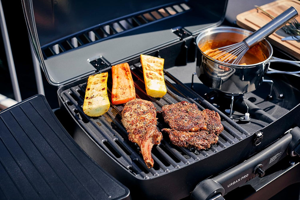 EndersGasgrill Urban II Pro, parrilla de mesa, función de asado, cocción y horneado, 2 quemadores de acero inoxidable, con termómetro para parrilla, parrilla para balcón y camping, carcasa de aluminio fundido, rejilla de hierro fundido, #2062