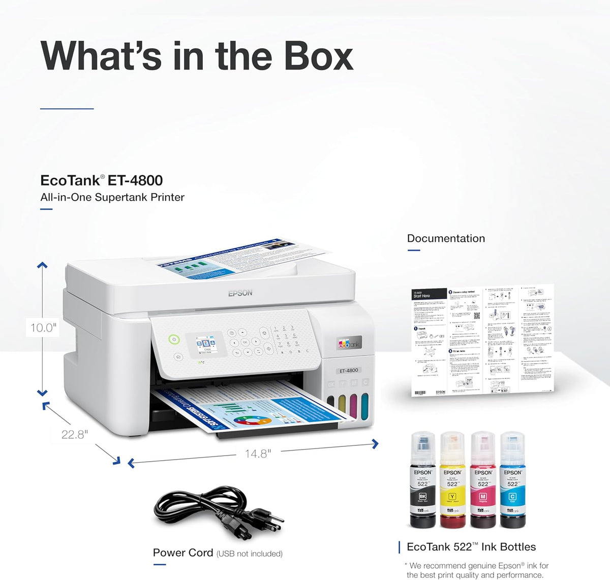 Impresora multifunción inalámbrica Epson EcoTank ET-4800 sin cartuchos con escáner, copiadora, fax, ADF y Ethernet – Ideal para su oficina en casa, color blanco