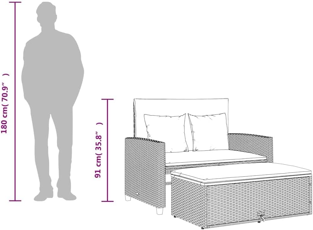 Sofá de jardín de 2 plazas vidaXL con cojines, sofá de exterior con taburete con almacenamiento, sofá con funda extraíble, muebles de jardín, juego de jardín, ratán sintético gris y madera de acacia
