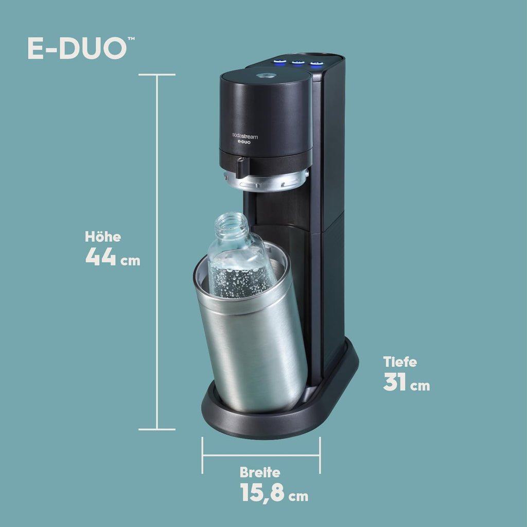 SodaStream máquina de agua con gas eléctrica E-DUO con cilindro de CO2 Quick-Connect | incl. 1 botella de vidrio de 1L y 2 botellas de plástico FUSE de 1L (aptas para lavavajillas) | Color: Titanio
