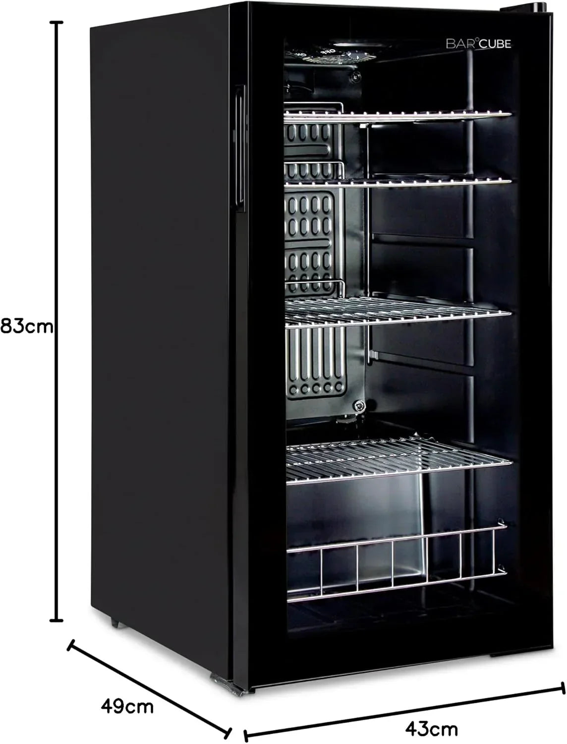 °CUBES Mininevera 90L con puerta de cristal y 4 estantes variables | Nevera compacta para bebidas, perfecta para el hogar, oficina, fiestas y hostelería | Elegante nevera con puerta de cristal, negra