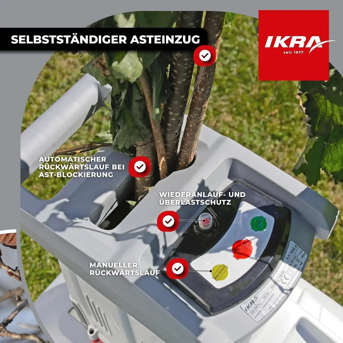 Trituradora de jardín de rodillo ILH 3000 A 3000 W, grosor de rama de 44 mm, sistema de corte silencioso, caja colectora de 60 L