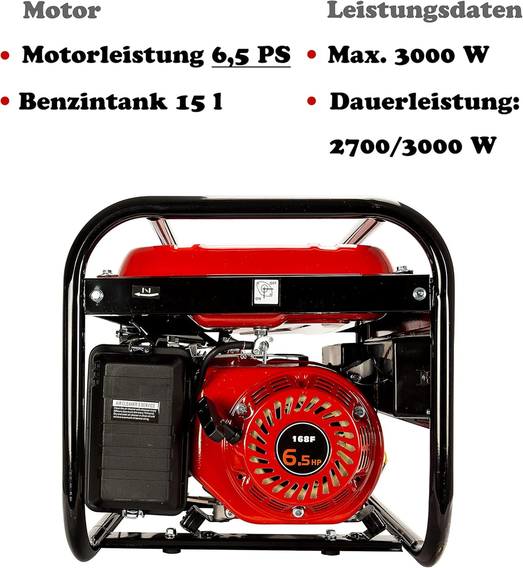 Generador eléctrico de gasolina | Generador de energía con accesorios | Generador de emergencia silencioso | 5 tomas de corriente 3x 230V / 1x 400V / 1x 12V | 6,5 HP (generador eléctrico con arranque manual)