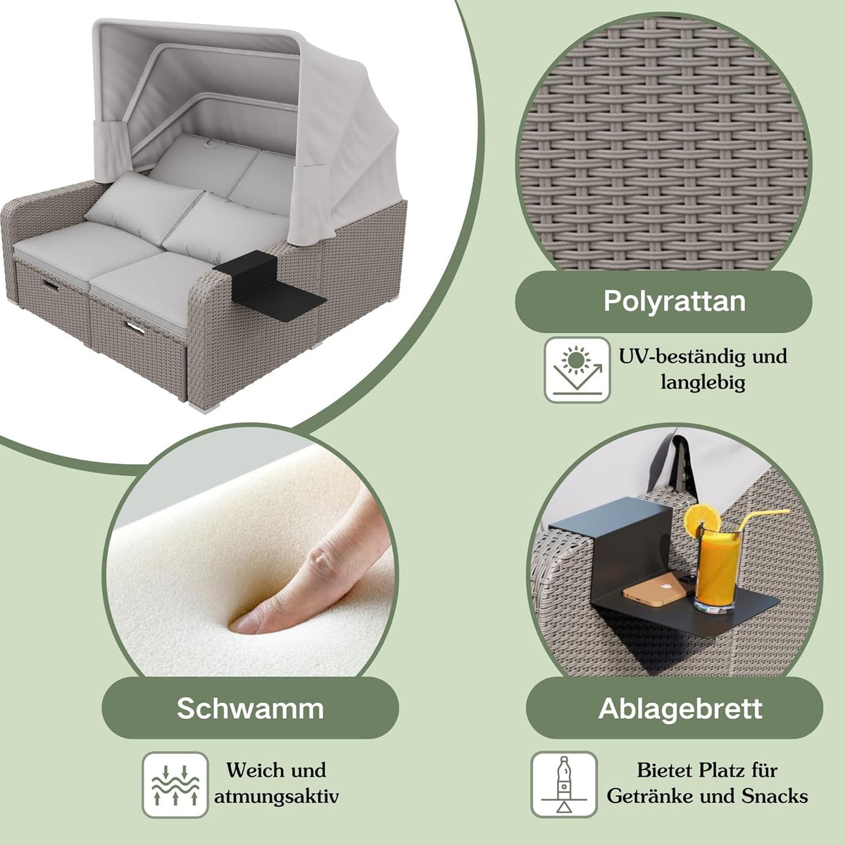 Sofá lounge de poliratán, sofá de jardín de dos plazas con función reclinable, tumbona de jardín con toldo extraíble, sofá lounge tipo cama de día con cojines, caqui
