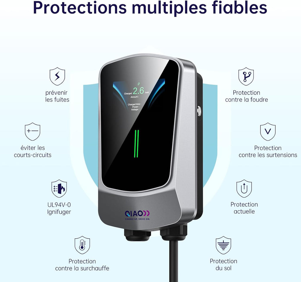 QIAO)) Cargador de vehículo eléctrico de 7,4 kW tipo 2 con cable de carga de 7 m, aplicación inteligente, pantalla LCD de 4,3", estación de carga para coche eléctrico de hasta 32 A, cargador tipo wallbox para montaje en pared con soporte para cable EV