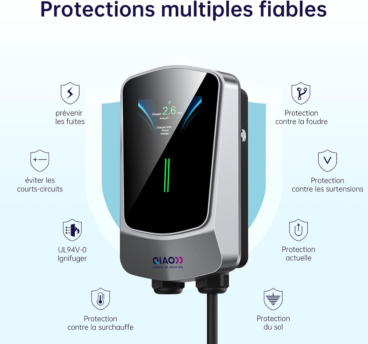 QIAO)) Cargador de vehículo eléctrico de 7,4 kW tipo 2 con cable de carga de 7 m, aplicación inteligente, pantalla LCD de 4,3", estación de carga para coche eléctrico de hasta 32 A, cargador tipo wallbox para montaje en pared con soporte para cable EV
