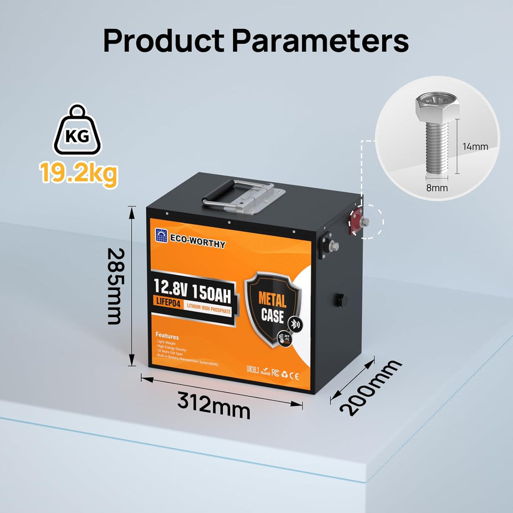 Batería de litio ECO-WORTHY Bluetooth 12V 150Ah con protección de baja temperatura, 1920Wh LiFePO4 12V 150Ah Bluetooth, batería LiFePO4 para autocaravana