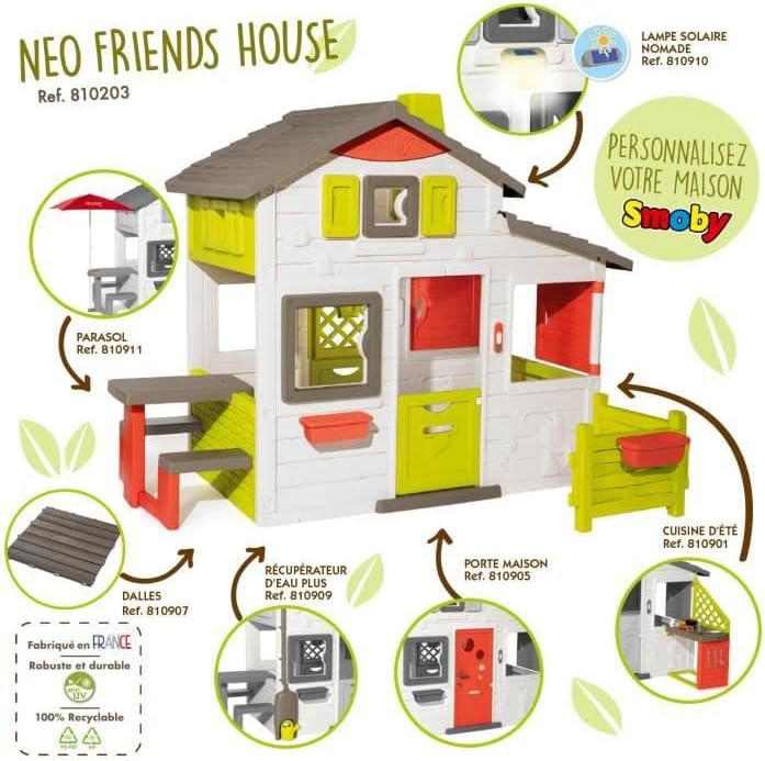 Smoby Life - Casita de juegos Friends House EVO con 2 puertas, 6 ventanas y mesa de picnic extraíble – Fabricada en material reciclado, protección UV, para niños a partir de 3 años (7600810208)