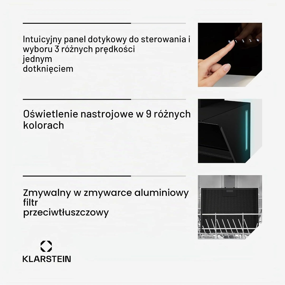 Klarstein Alina Okap kuchenny przyścienny – 60 cm, przepływ 600 m³/h, klasa energetyczna A, sterowanie dotykowe, podświetlenie LED w 9 kolorach, cichy 52 dB, czarny, tryb wyciągu i recyrkulacji