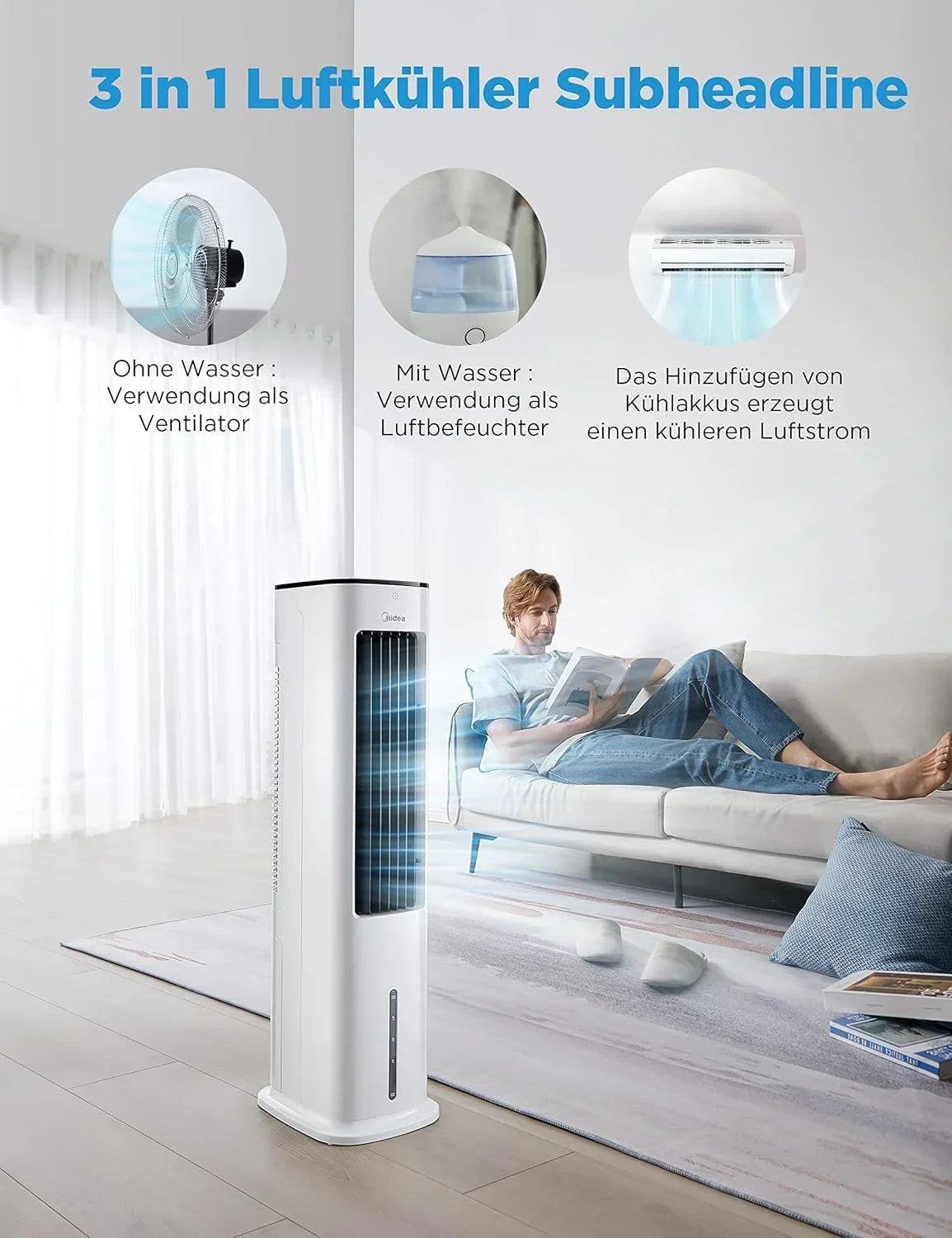 Enfriador de aire Midea con refrigeración por agua, aire acondicionado portátil, ventilador con depósito de 5 L, humidificador e ionizador, aire acondicionado sin tubo de escape, 355 m³/h, ventilador con mando a distancia, 55 W, blanco