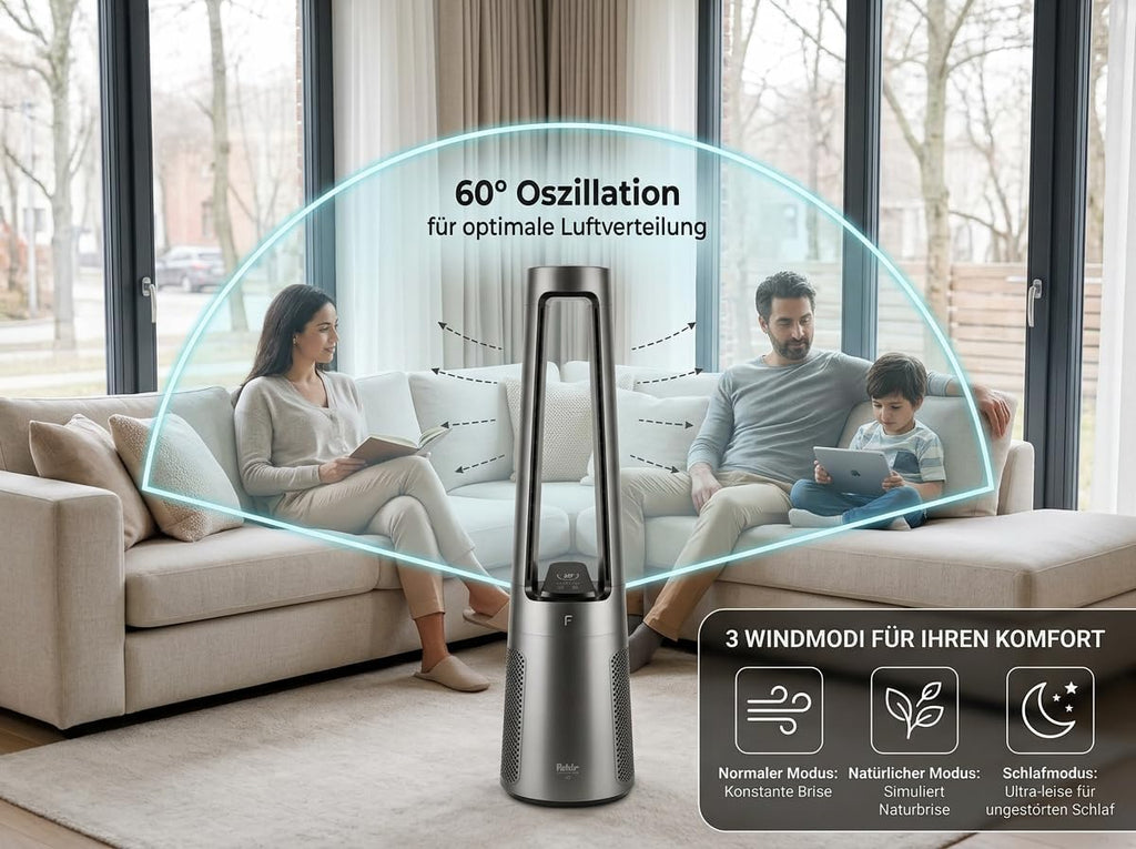 Ventilador de torre sin aspas Fakir TVL 100 - Motor CC, 12 velocidades de ventilación, 30 dB(A), oscilación de 60°, temporizador de 12h, pantalla táctil LED, mando a distancia, antracita