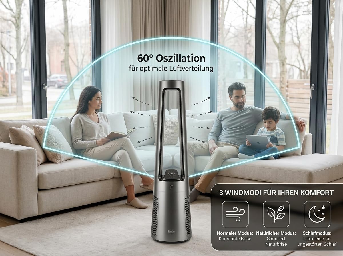 Ventilador de torre sin aspas Fakir TVL 100 - Motor CC, 12 velocidades de ventilación, 30 dB(A), oscilación de 60°, temporizador de 12h, pantalla táctil LED, mando a distancia, antracita