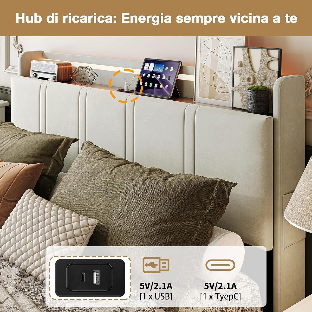Łóżko podwójne 160 x 200 cm z 4 szufladami, rama łóżka z diodami LED i USB, łóżko tapicerowane z zagłówkiem z otwartą półką, beżowe